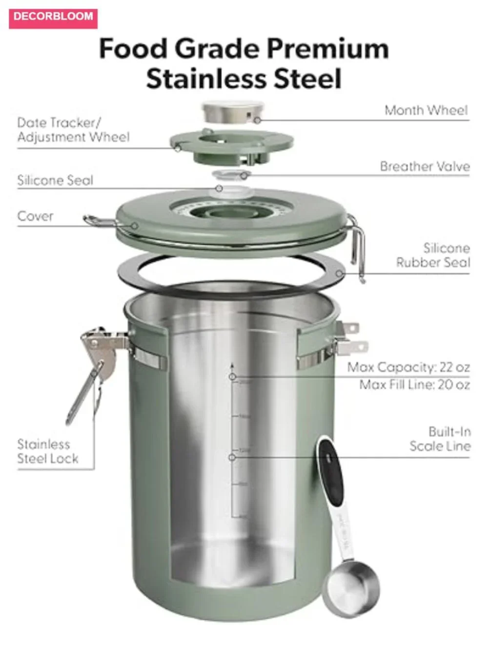 Veken Coffee Canister Airtight Stainless Steel Container 22 oz